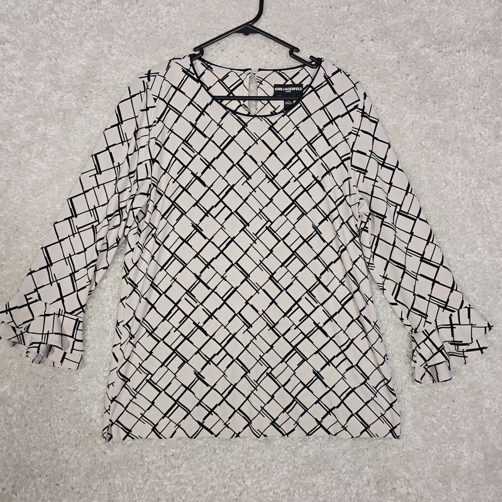 Karl Lagerfeld Paris‎ Blouse Womens M Ivory Black Ruffle Sleeve Geometric Modern